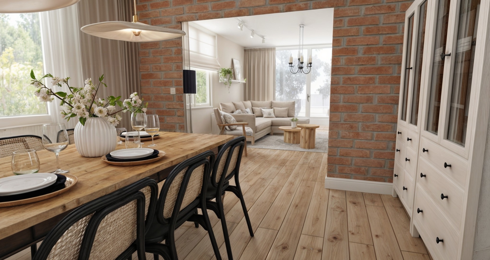 Jadalnia w stylu rustykalnym z drewnianym stołem, krzesłami z rattanu i ceglaną ścianą, widok na salon w tle.