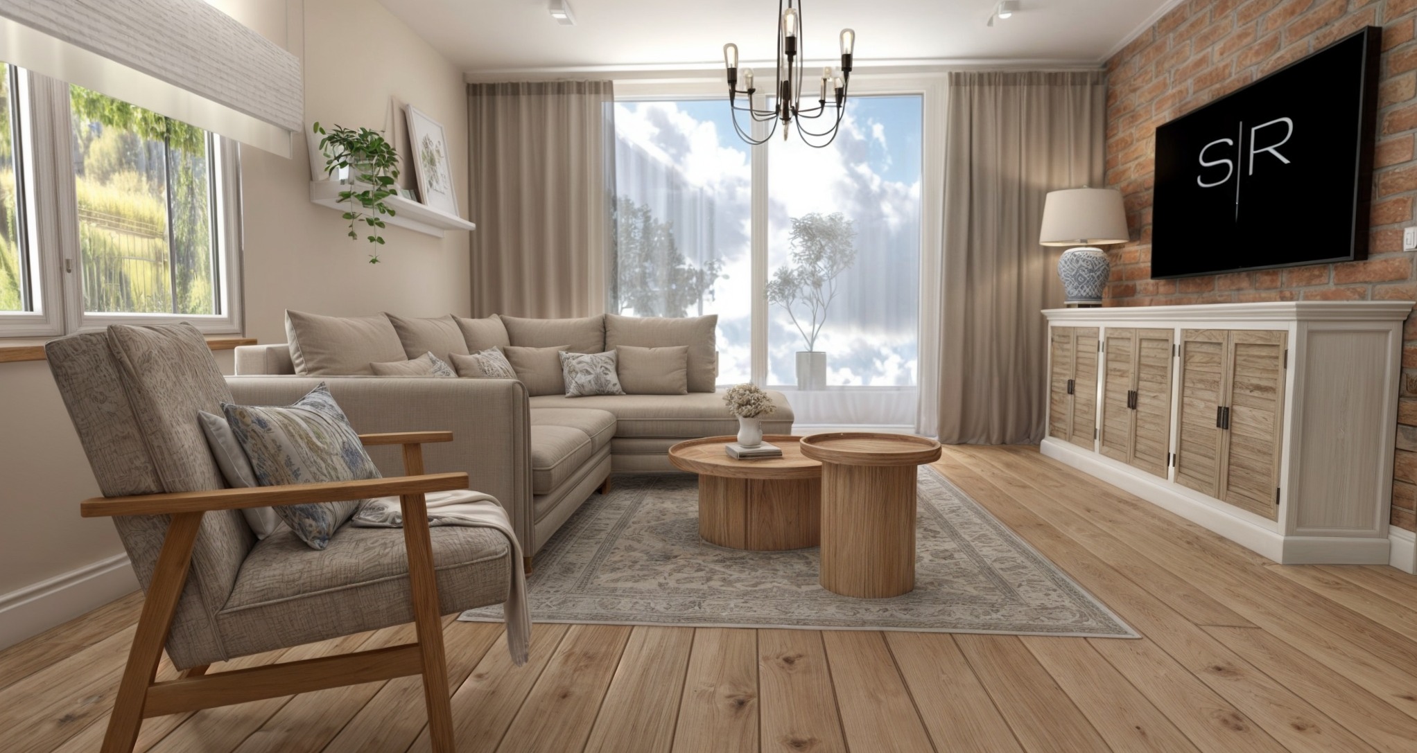 Jasny salon z narożną sofą, drewnianymi stolikami kawowymi, wzorzystym dywanem i ceglaną ścianą z telewizorem, oświetlony naturalnym światłem wpadającym przez duże okno.