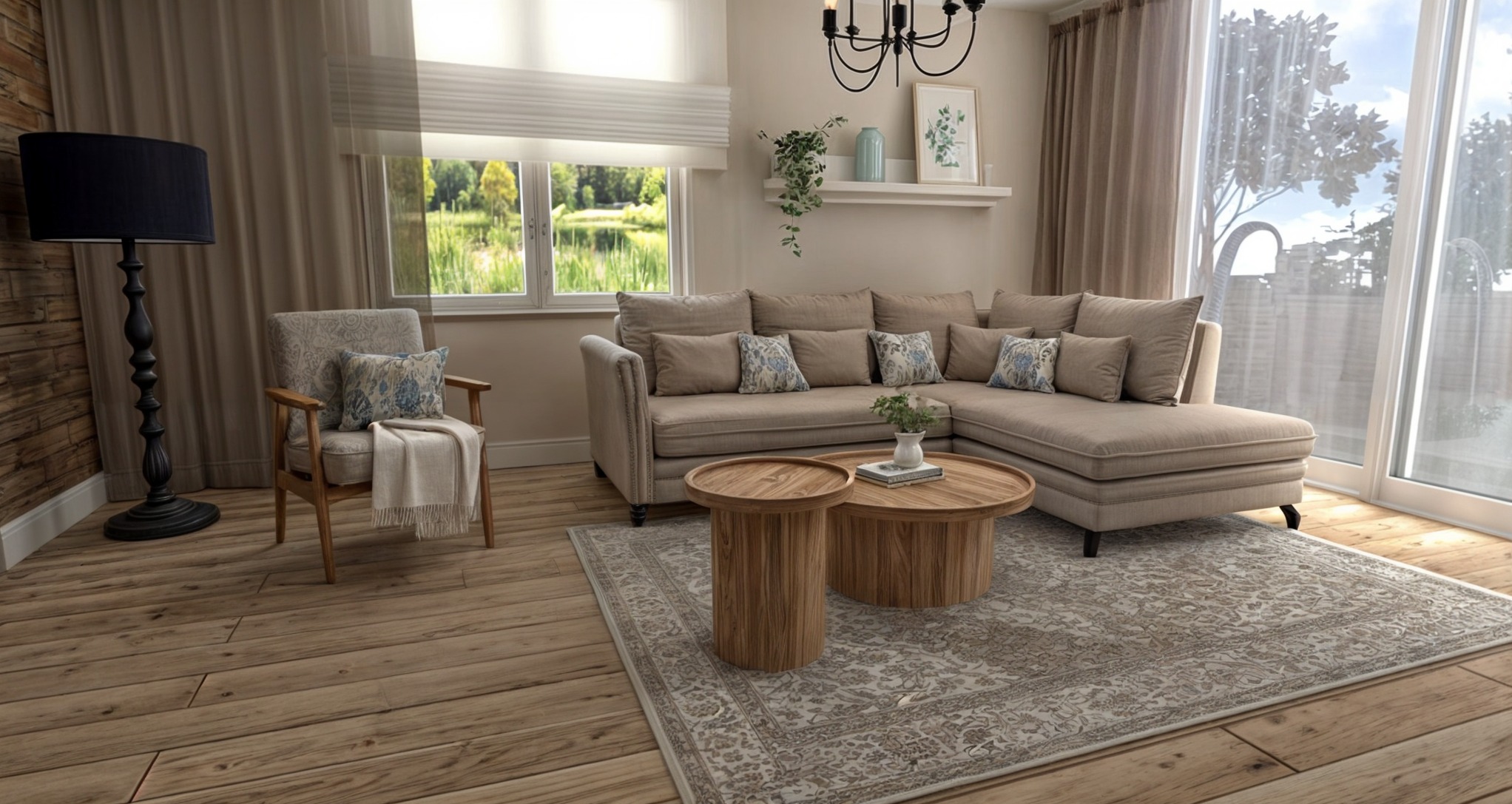 Jasny salon z beżową sofą narożną, drewnianymi stolikami kawowymi, wzorzystym dywanem i widokiem na jezioro za oknem.