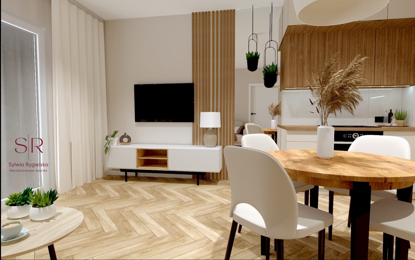 Jasne wnętrze mieszkania z drewnianą podłogą ułożoną w jodełkę, okrągłym stołem jadalnym i minimalistyczną zabudową kuchenną w tle.