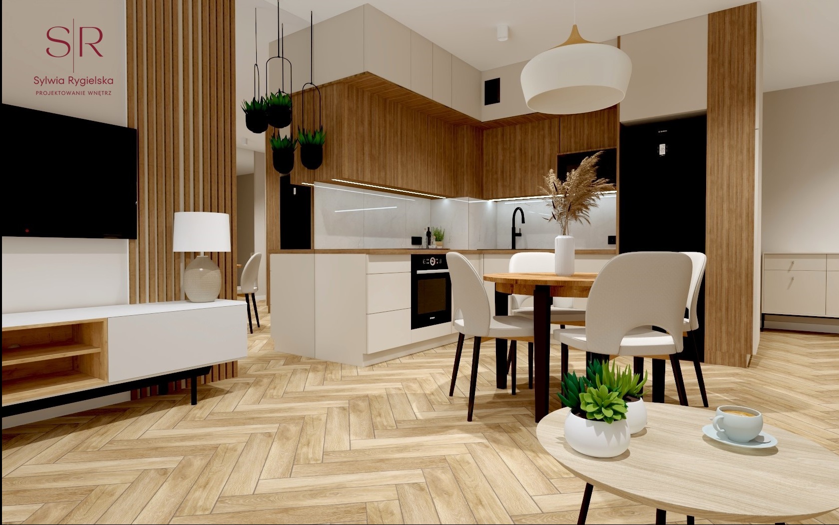 Wizualizacja jasnego wnętrza mieszkania z drewnianymi akcentami, obejmująca kuchnię z wyspą, jadalnię z okrągłym stołem i salon z telewizorem, na podłodze parkiet ułożony w jodełkę.