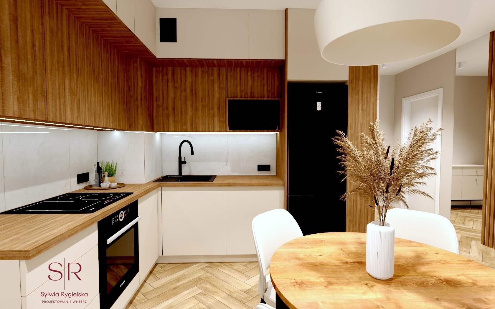 Wizualizacja nowoczesnej kuchni z drewnianymi akcentami, czarną armaturą i sprzętem AGD, oraz okrągłym stołem z dekoracyjnym bukietem traw w białym wazonie.