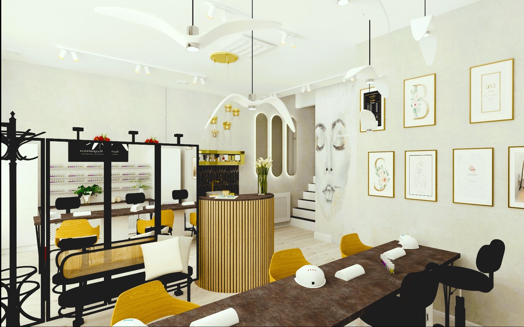 Wizualizacja wnętrza salonu kosmetycznego z stanowiskami do manicure, recepcją z lamelami i dekoracyjną ścianą z grafiką twarzy