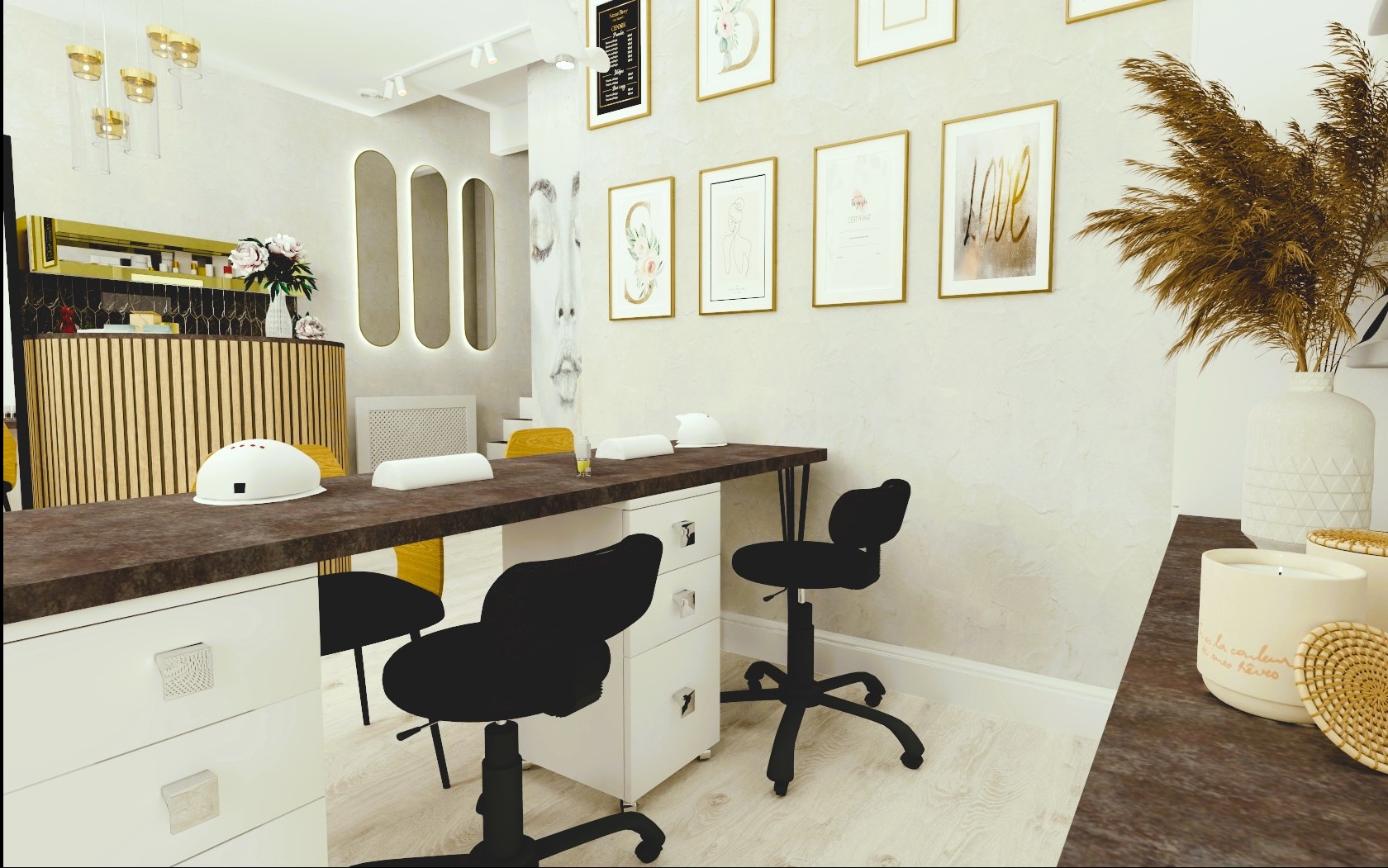 Wnętrze salonu kosmetycznego z stanowiskami do manicure, lampami UV i dekoracjami ściennymi w kremowej kolorystyce.