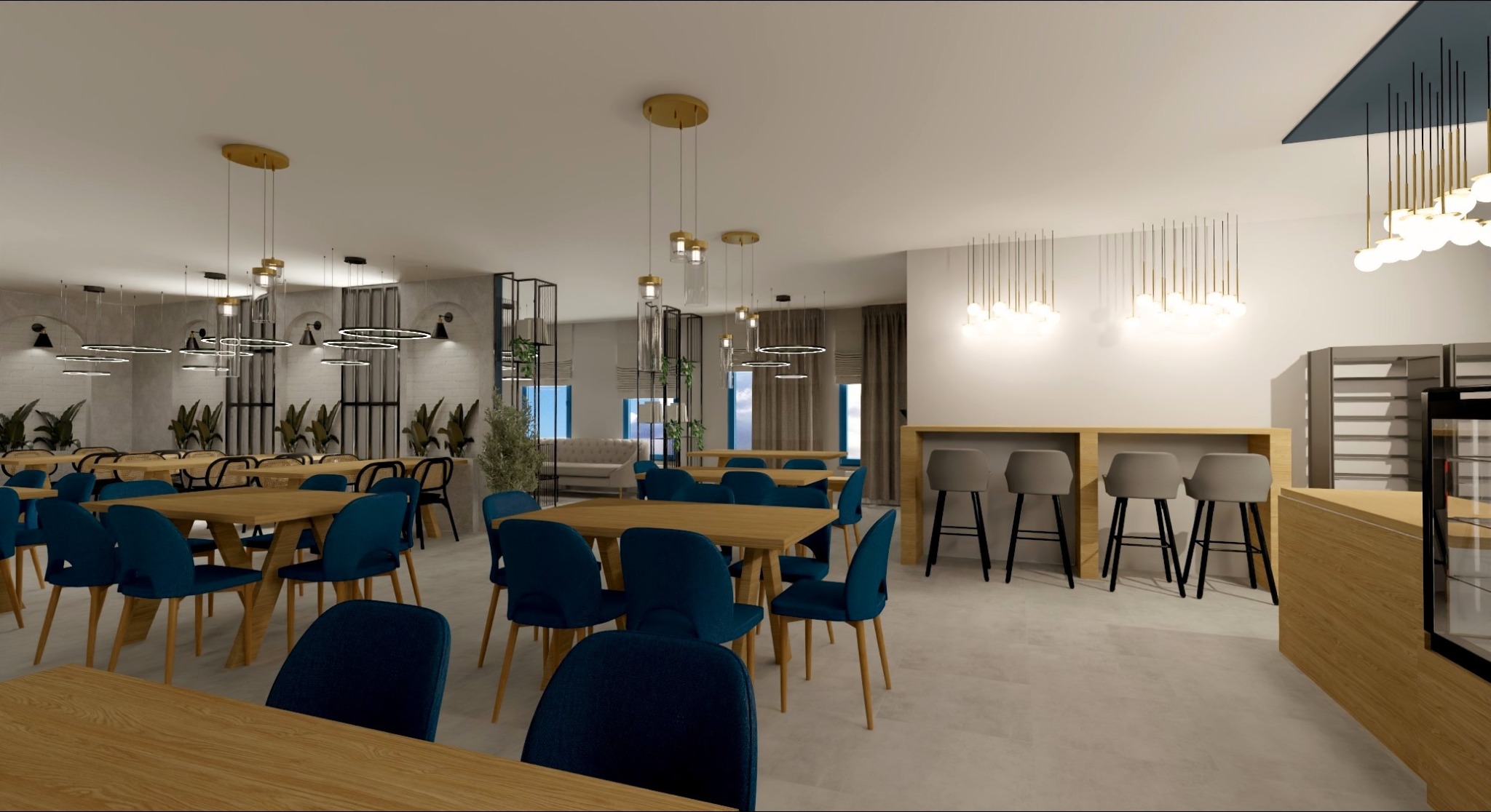 Wizualizacja wnętrza kawiarni lub restauracji z drewnianymi stołami, niebieskimi krzesłami, różnymi rodzajami lamp wiszących i roślinami w tle.