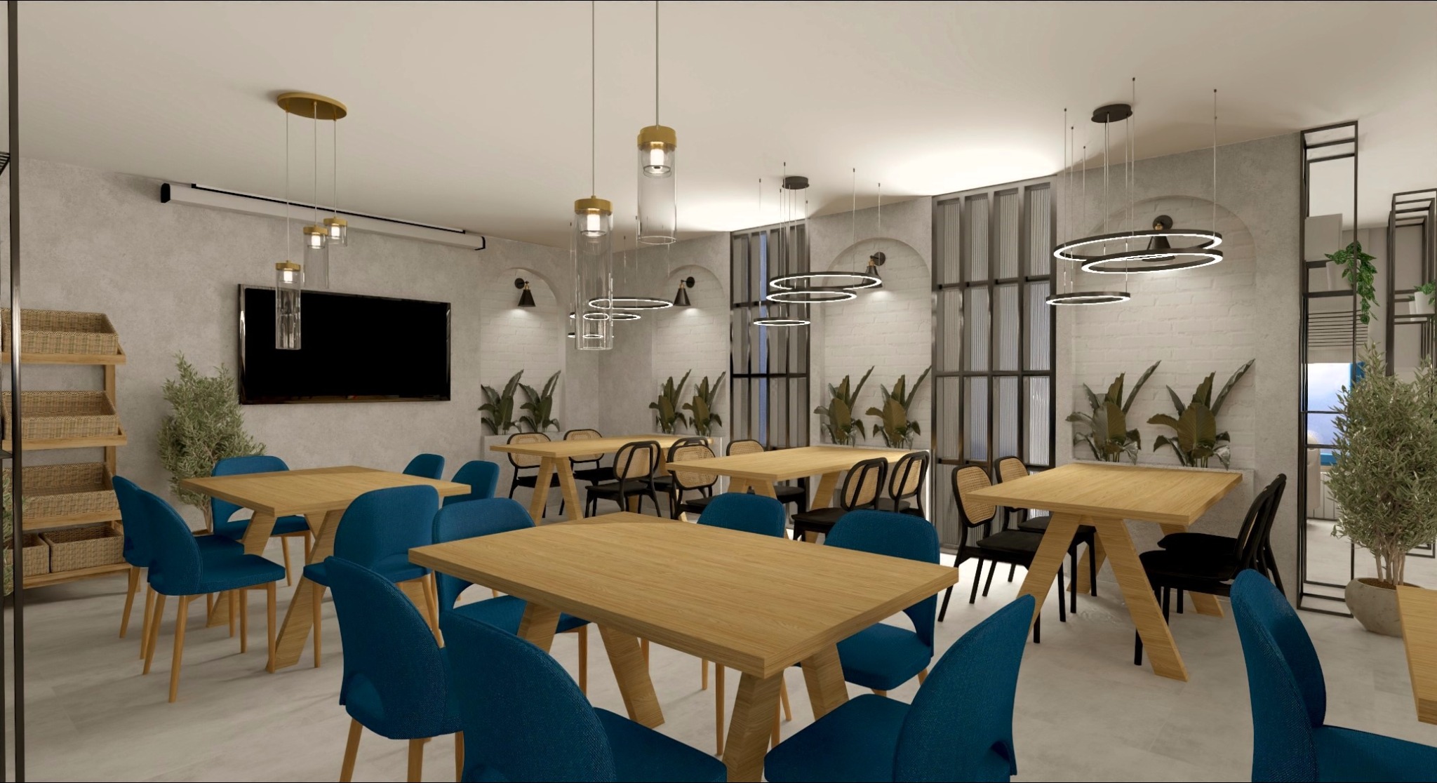 Wizualizacja przestronnej sali restauracyjnej z drewnianymi stołami, niebieskimi krzesłami i dekoracyjnym oświetleniem, uzupełniona roślinami doniczkowymi i półkami z wiklinowymi koszami.