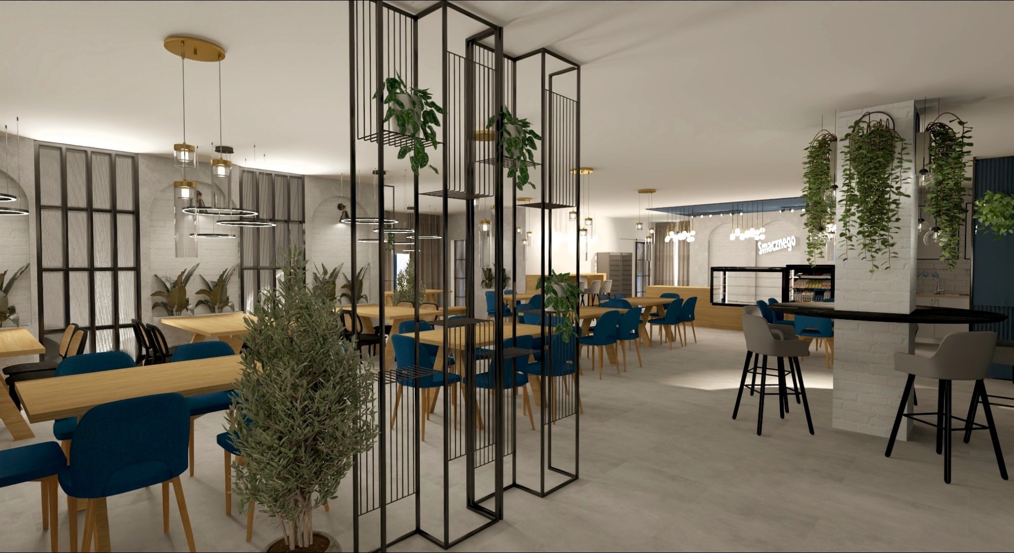 Wizualizacja wnętrza kawiarni lub restauracji z drewnianymi stołami, niebieskimi krzesłami, metalowymi regałami z roślinami, białymi ceglanymi ścianami i wiszącymi lampami.