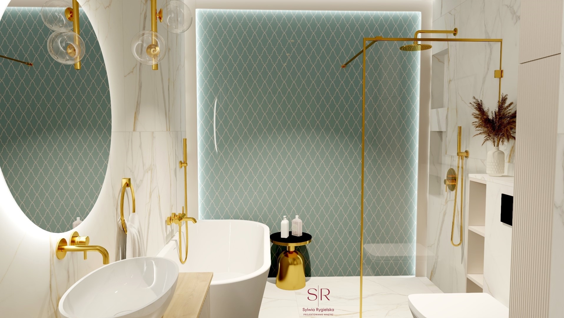 Nowoczesna łazienka z owalnym lustrem podświetlanym LED, złotą armaturą, wanną wolnostojącą i kabiną prysznicową typu walk-in, akcentowana turkusową tapetą w geometryczny wzór.