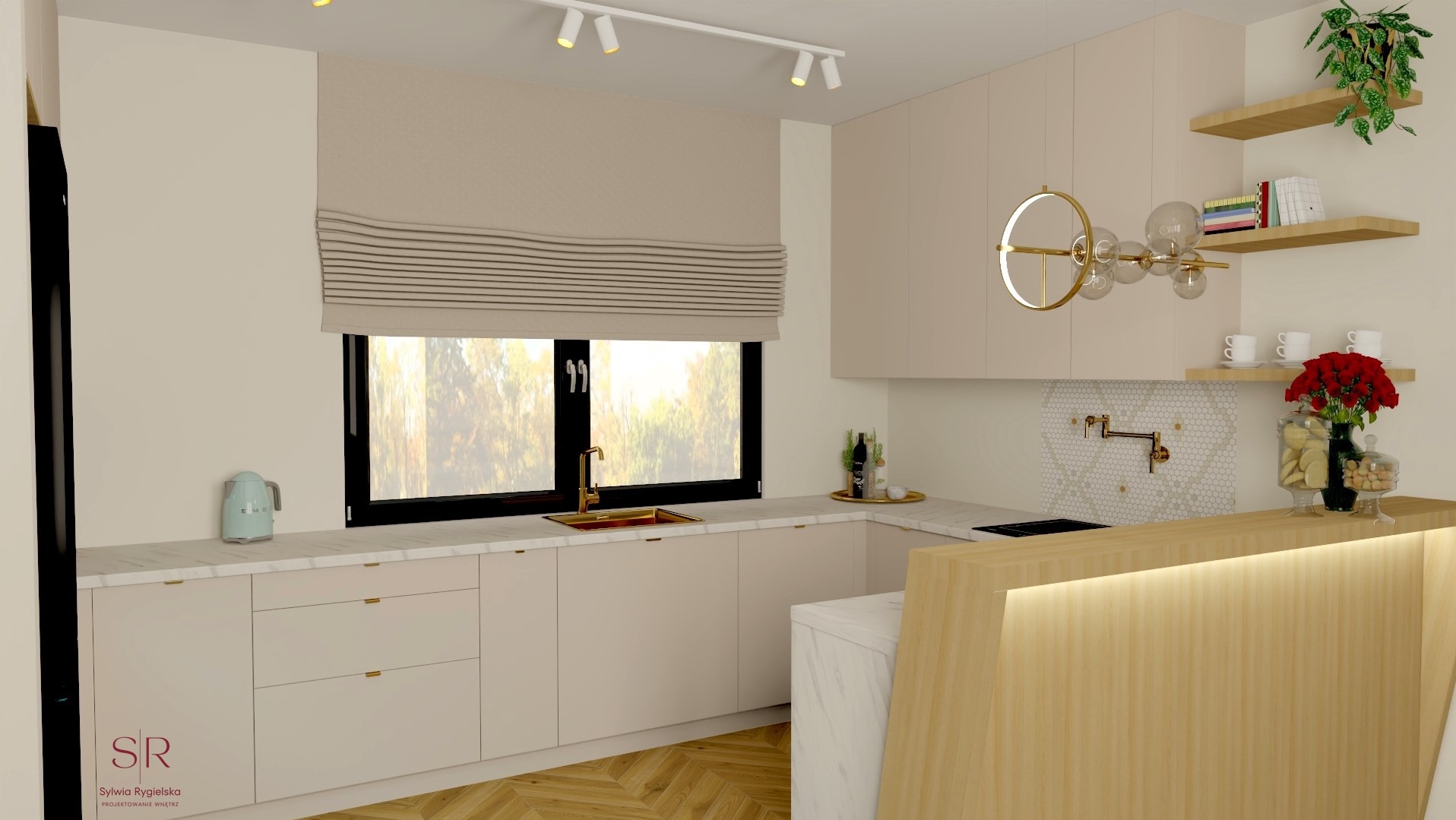 Wizualizacja beżowej kuchni z drewnianą podłogą w jodełkę, złotą armaturą i oświetleniem punktowym, minimalistyczna roleta rzymska w oknie, dekoracje na półkach i blacie.