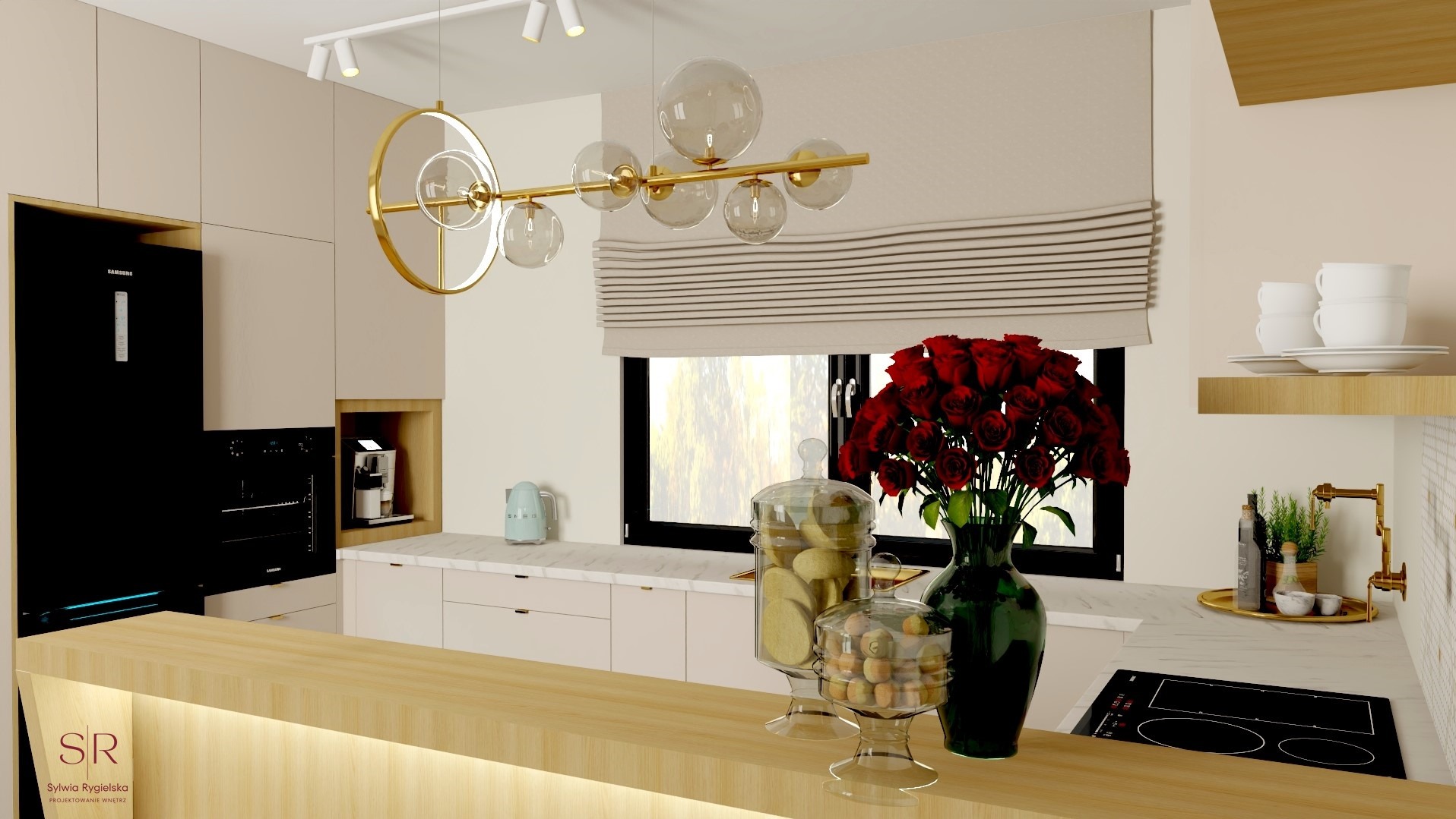 Wizualizacja kuchni z wyspą, beżowe szafki, czarny sprzęt AGD, okrągły złoty żyrandol z przezroczystymi kulami, bukiet czerwonych róż w wazonie na blacie.