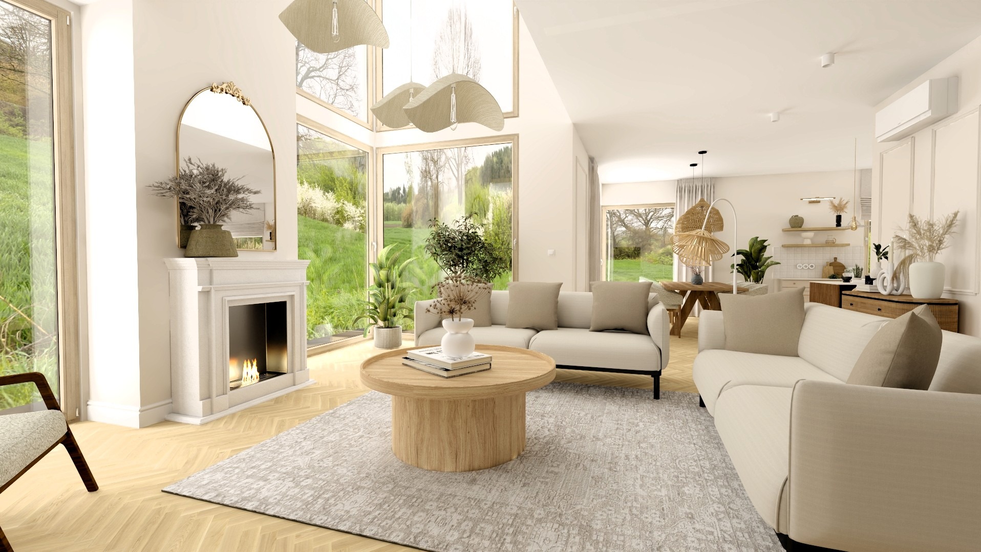 Jasne wnętrze salonu z kominkiem i dużymi oknami z widokiem na zieleń. Neutralna kolorystyka, drewniane podłogi i meble. Nowoczesny design z elementami naturalnymi.