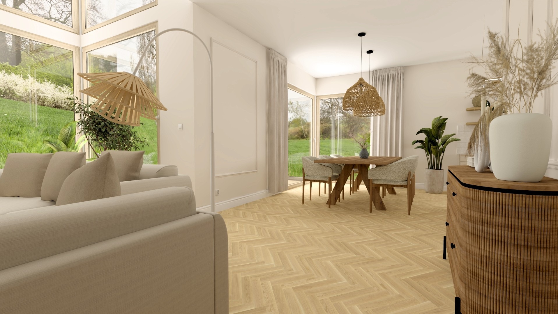 Jasne wnętrze z parkietem w jodełkę: sofa, stół z krzesłami, lampy wiszące i rośliny. Duże okna z widokiem na zieleń. Neutralna kolorystyka, nowoczesny design.