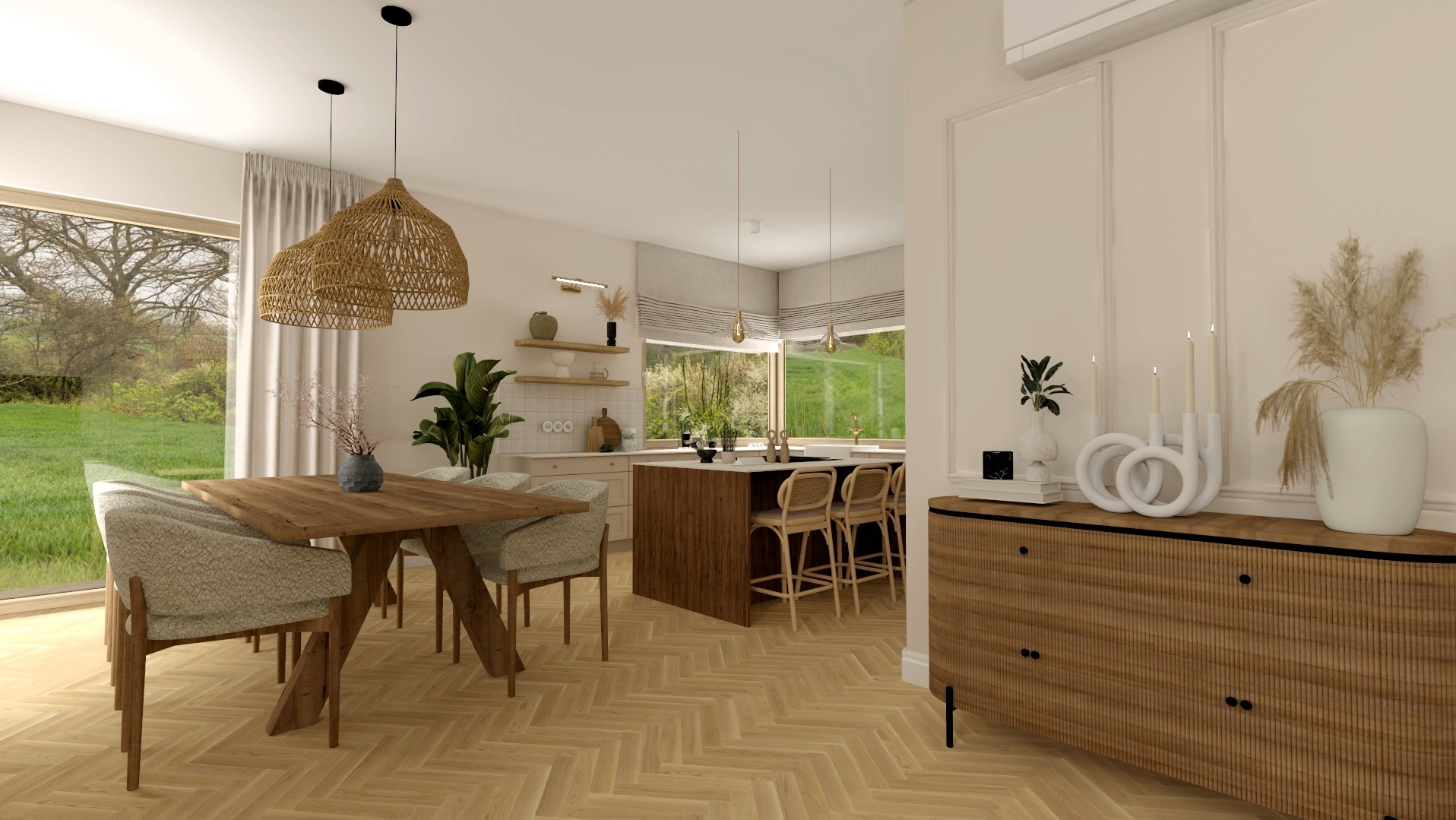Jasne wnętrze: jadalnia z drewnianym stołem i krzesłami, otwarta na kuchnię z wyspą. Naturalne materiały, parkiet w jodełkę, widok na zieleń za oknem.