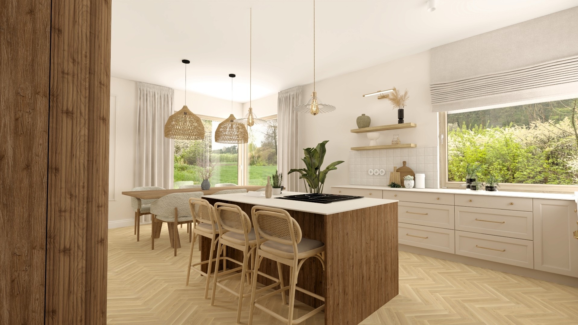 Jasna kuchnia z wyspą i rattanowymi krzesłami barowymi, widok na zieleń za oknem. Naturalne materiały i ciepłe oświetlenie tworzą przytulną atmosferę.