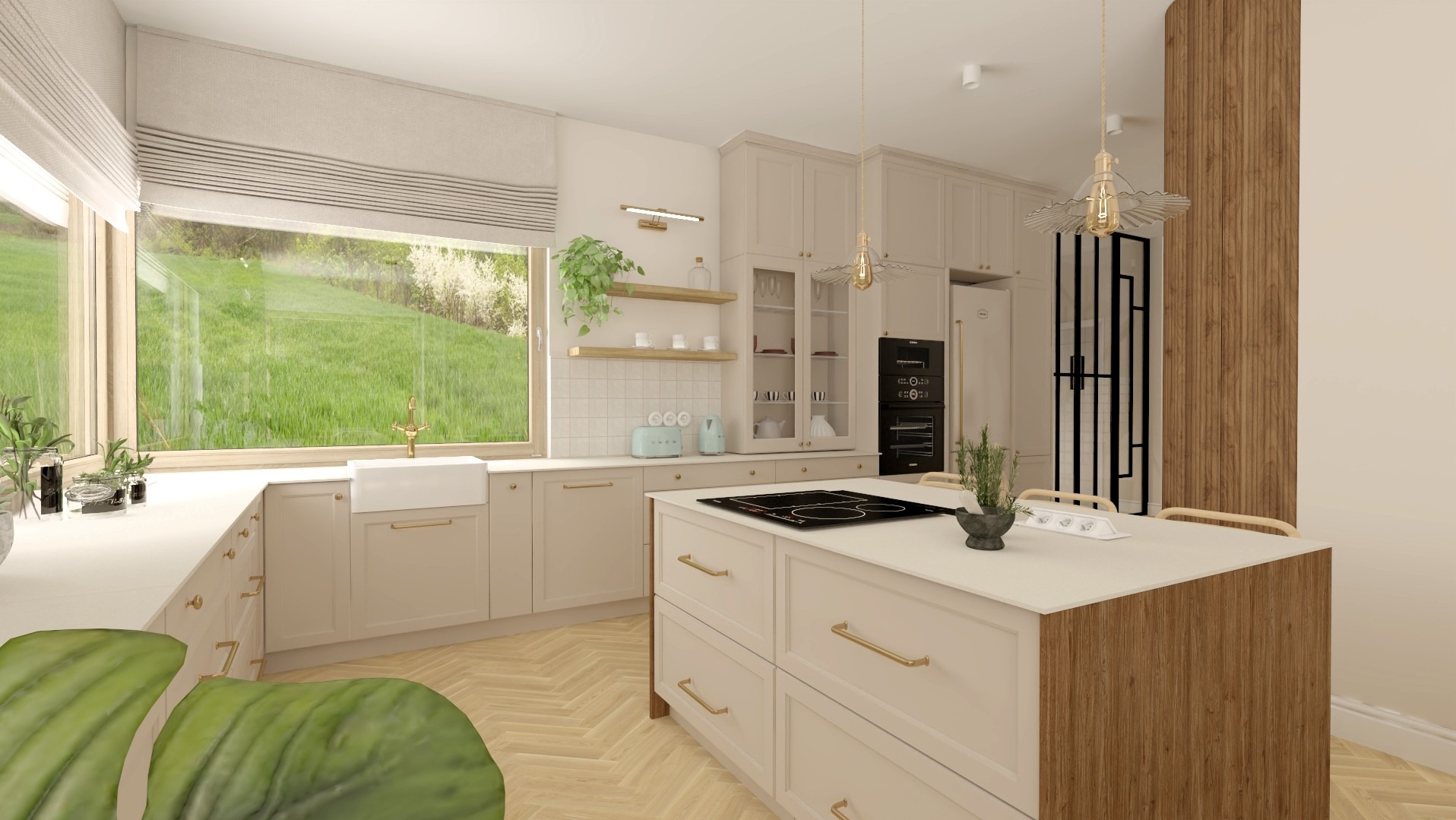Jasna kuchnia z wyspą i widokiem na zieleń za oknem. Beżowe szafki, złote akcenty i drewniane wykończenia tworzą przytulną, nowoczesną przestrzeń. Uwagę przyciąga duża szyba okienna.
