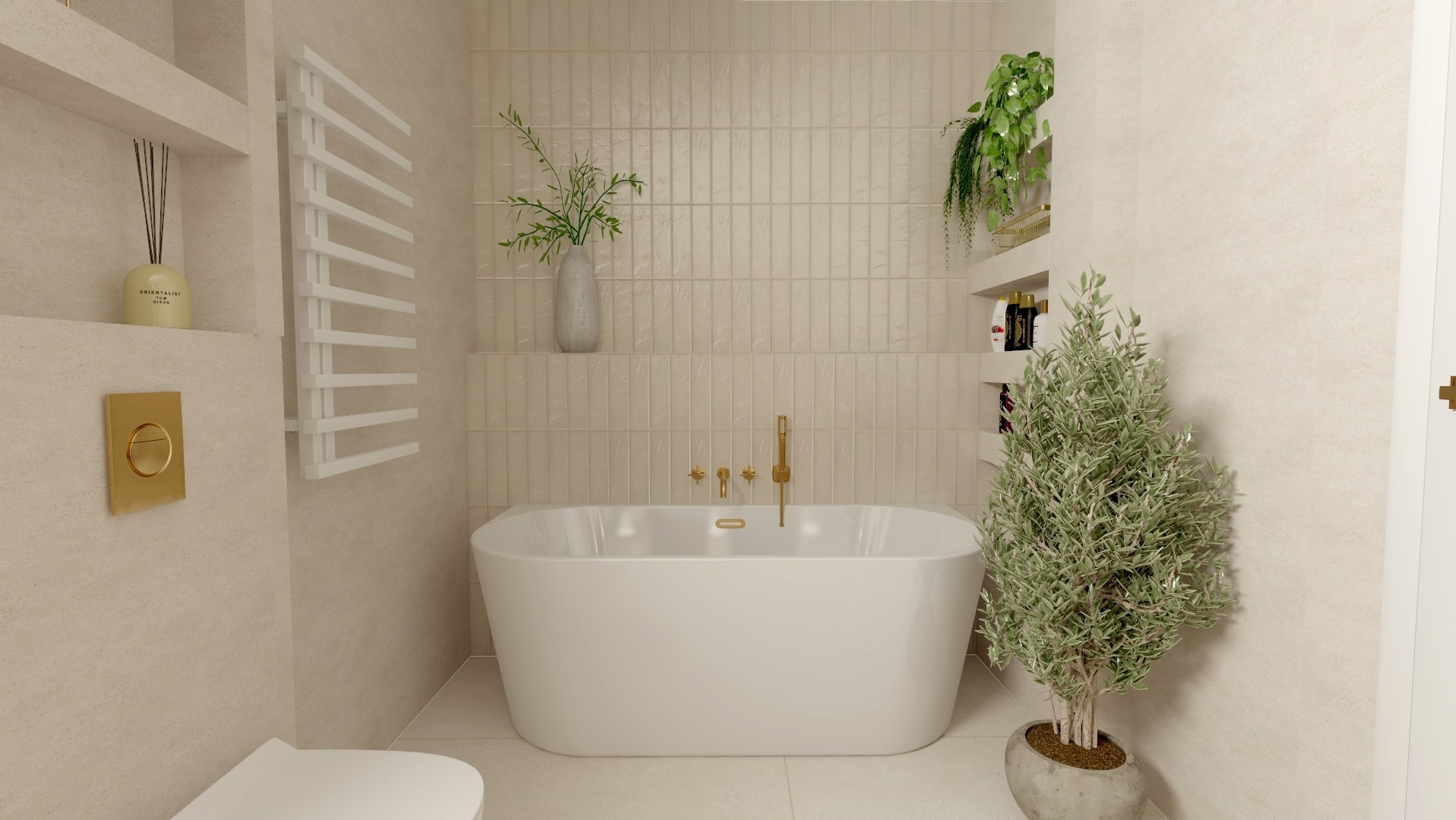 Beżowa łazienka z wanną wolnostojącą, złotą armaturą i roślinami. Minimalistyczny design z akcentami natury i ciepłym oświetleniem. Widok na ścianę z podłużnymi płytkami.
