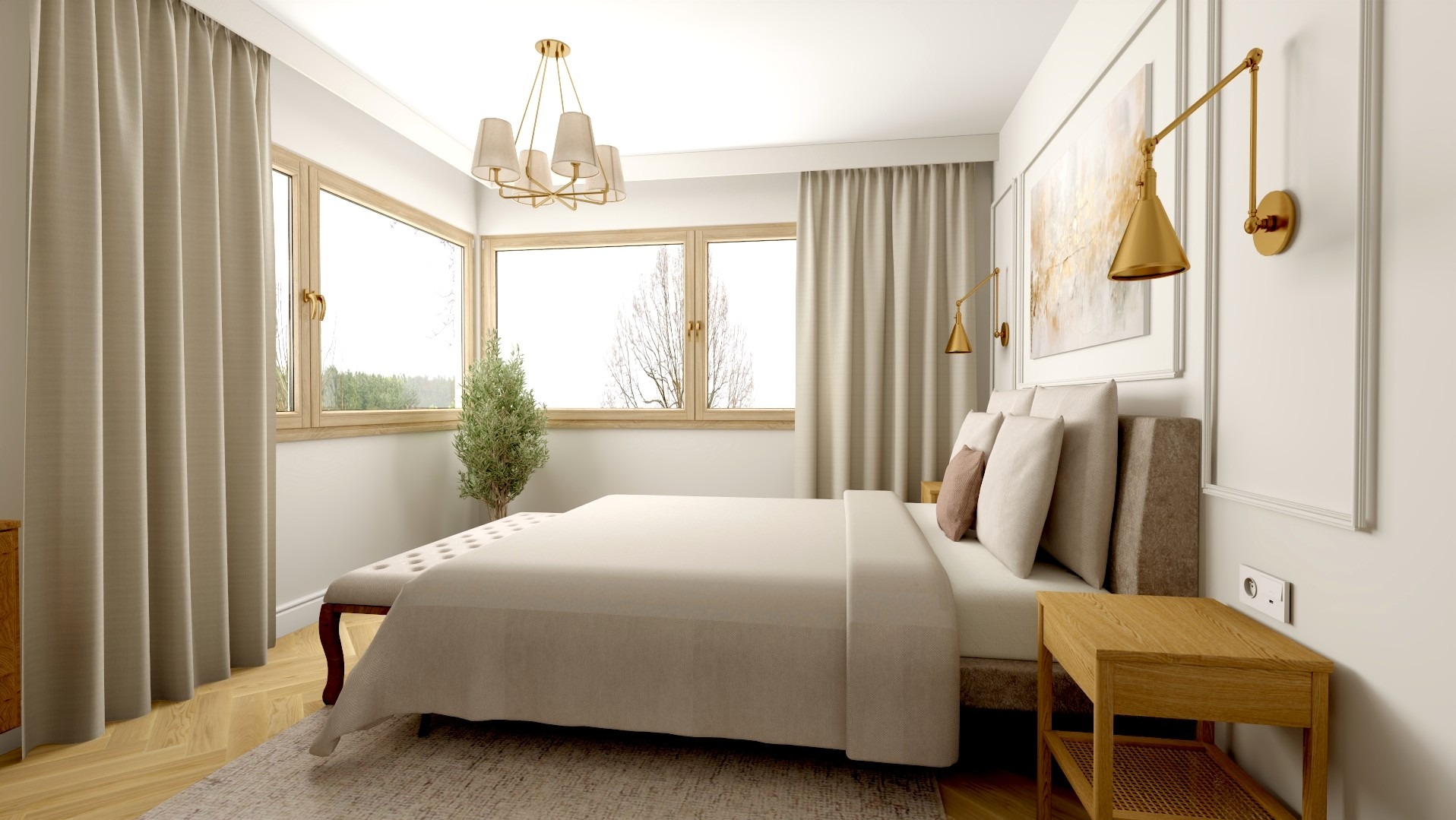 Jasna sypialnia z dużym oknem, beżowymi zasłonami i złotymi lampami ściennymi. Na podłodze dywan w neutralnym kolorze. Minimalistyczny wystrój.