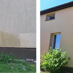 Porównanie elewacji budynku przed i po czyszczeniu, z widoczną różnicą w kolorze i usunięciu zabrudzeń, zieleń wokół budynku.