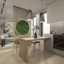 Projekt salonu z aneksem kuchennym w niewielkim mieszkaniu pod wynajem - Łódź