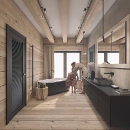 Projekt łazienki w drewnianym domku.
Łazienka bez kafli.
