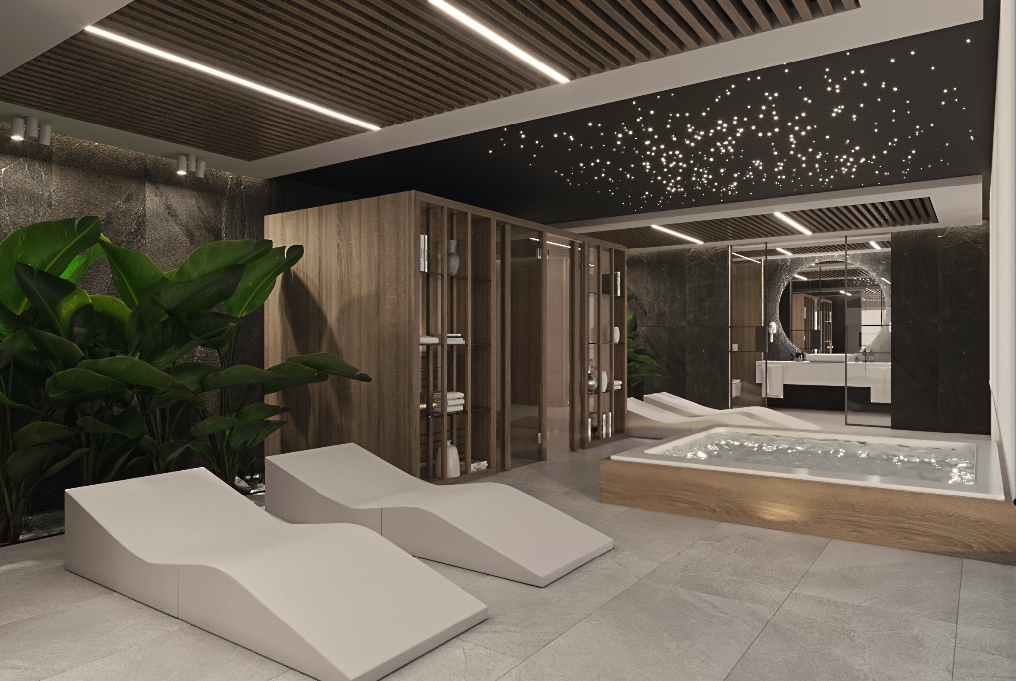 Wizualizacja części SPA w domu jednorodzinnym: jacuzzi, leżanki relaksacyjne, ściana z ciemnego kamienia, sufit z efektem gwiazd, drewniane regały i rośliny.