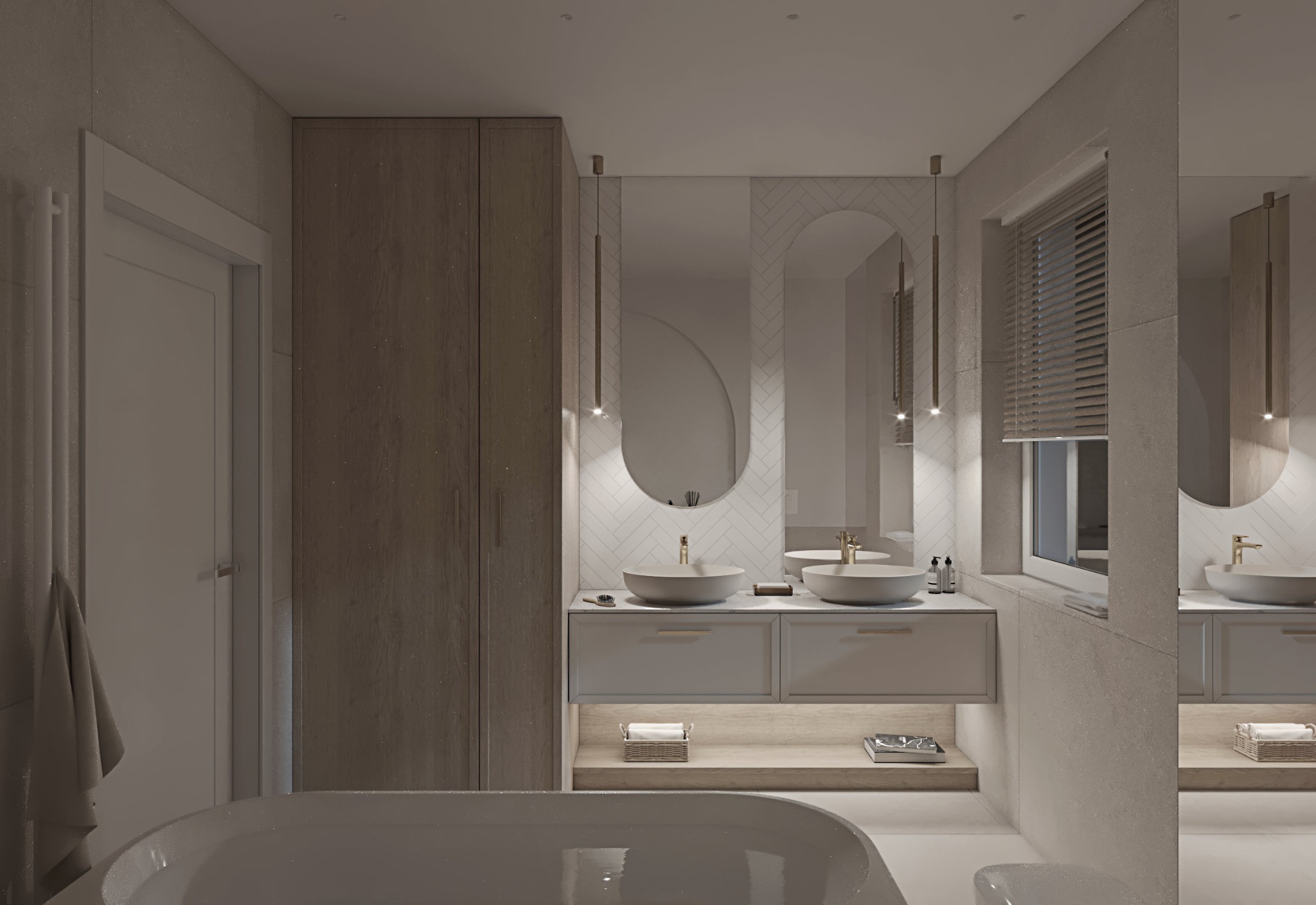 Elegancka łazienka z dwoma umywalkami, podświetlanymi półkami i owalnymi lustrami, akcentowana pionowymi lampami i wzorem w jodełkę na ścianie nad umywalkami.