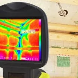 Kamera termowizyjna w trakcie pomiaru izolacji poddasza, widoczne drewniane krokwie i folia izolacyjna z nadrukiem, na ekranie kamery rozkład temperatur oznaczony kolorami.