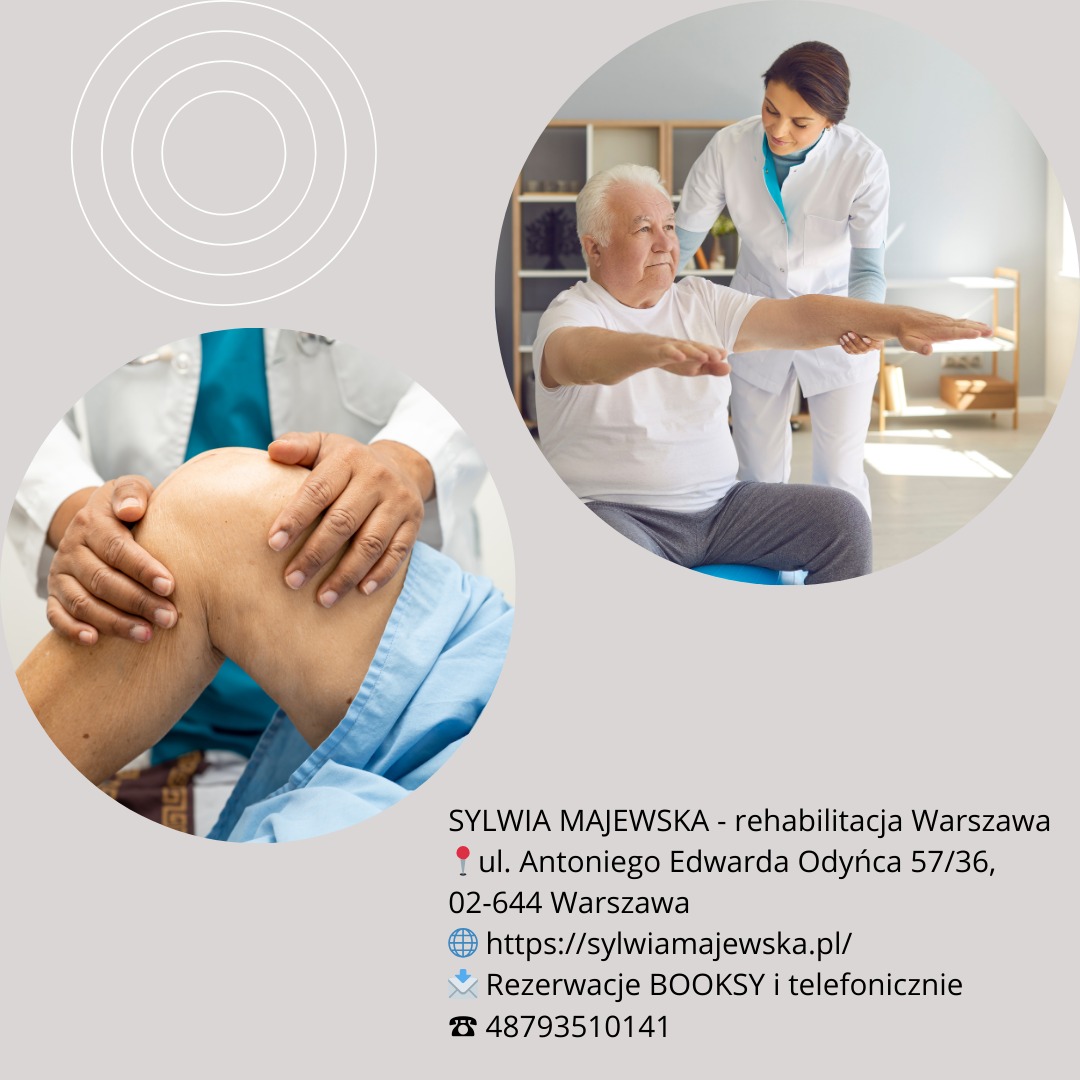 Rehabilitacja pacjenta: fizjoterapeuta wspiera starszego mężczyznę w ćwiczeniach ramion. Ujęcie na kolano pacjenta podczas terapii manualnej.