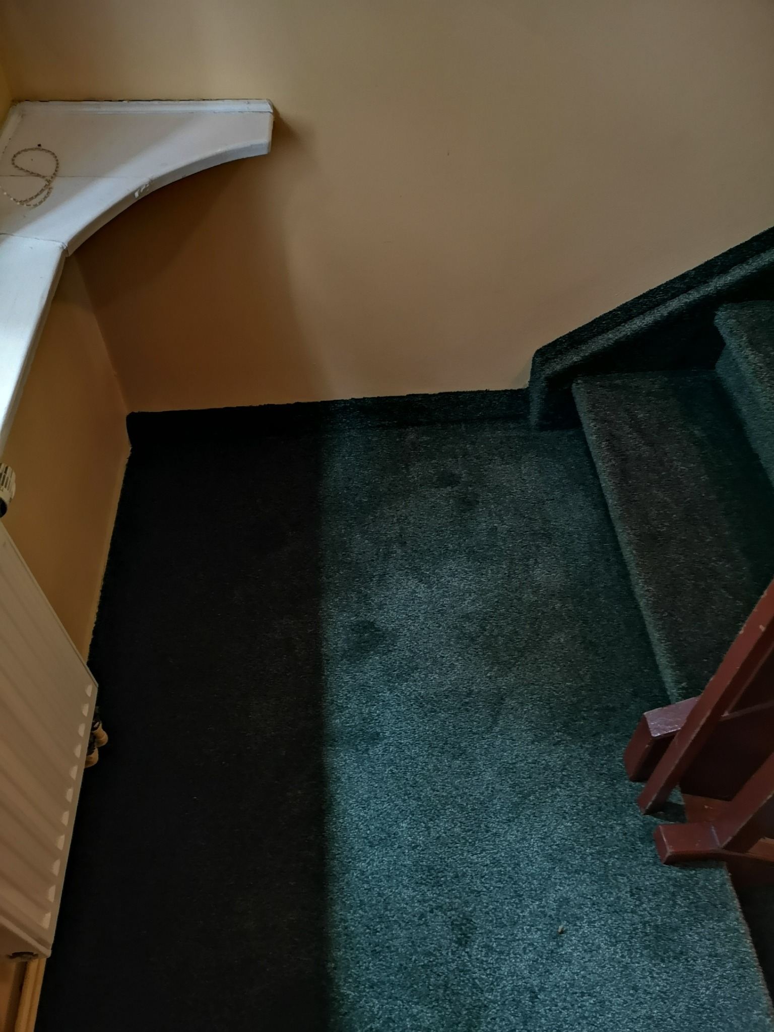 Widok z góry na schody pokryte ciemnozieloną wykładziną dywanową, z fragmentem brązowej poręczy po prawej stronie i białym grzejnikiem po lewej, oraz fragmentem białej półki pod sufitem.