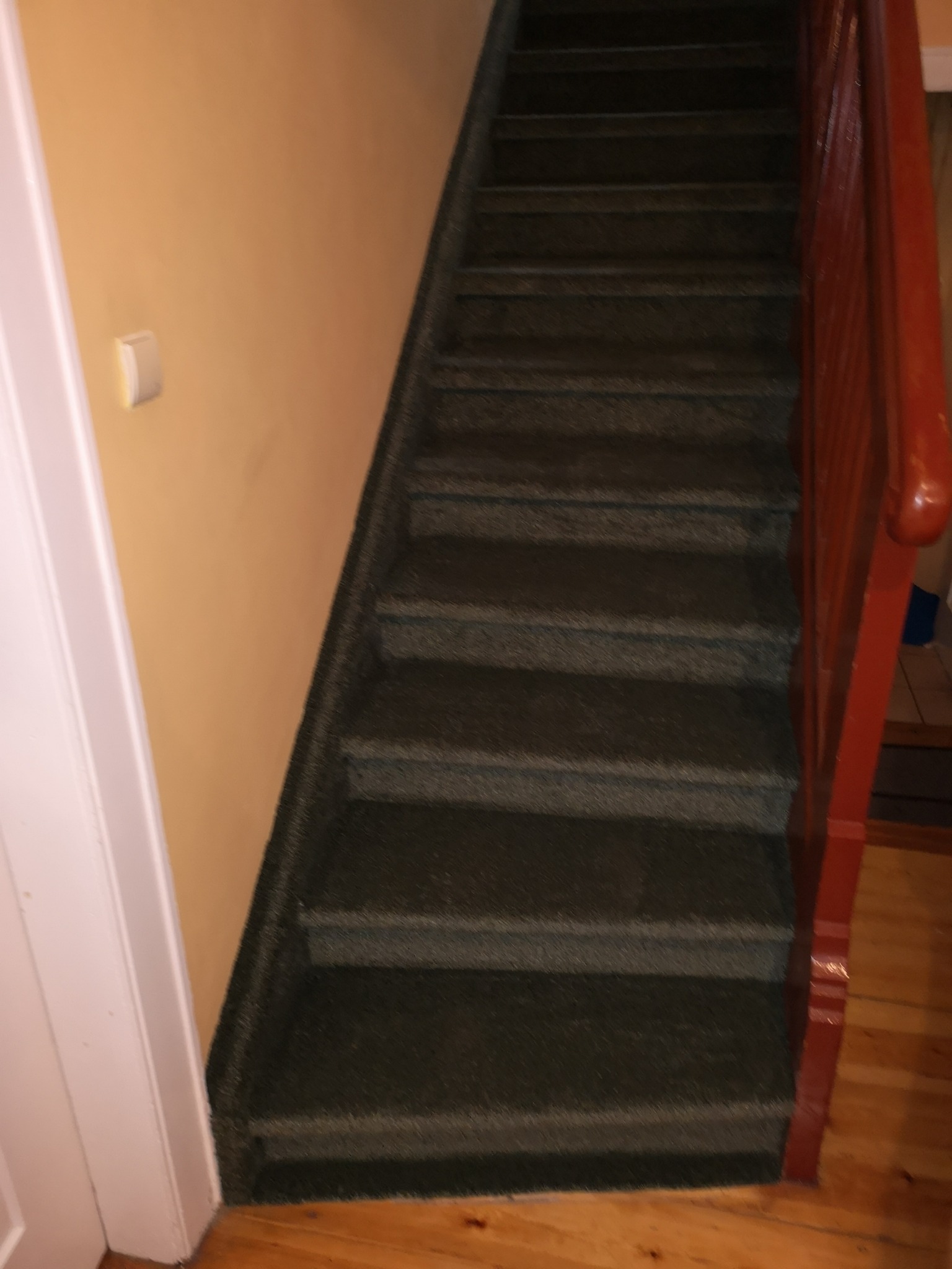 Schody pokryte ciemnozieloną wykładziną dywanową, widok z dołu, z fragmentem czerwonej poręczy i drewnianej podłogi.