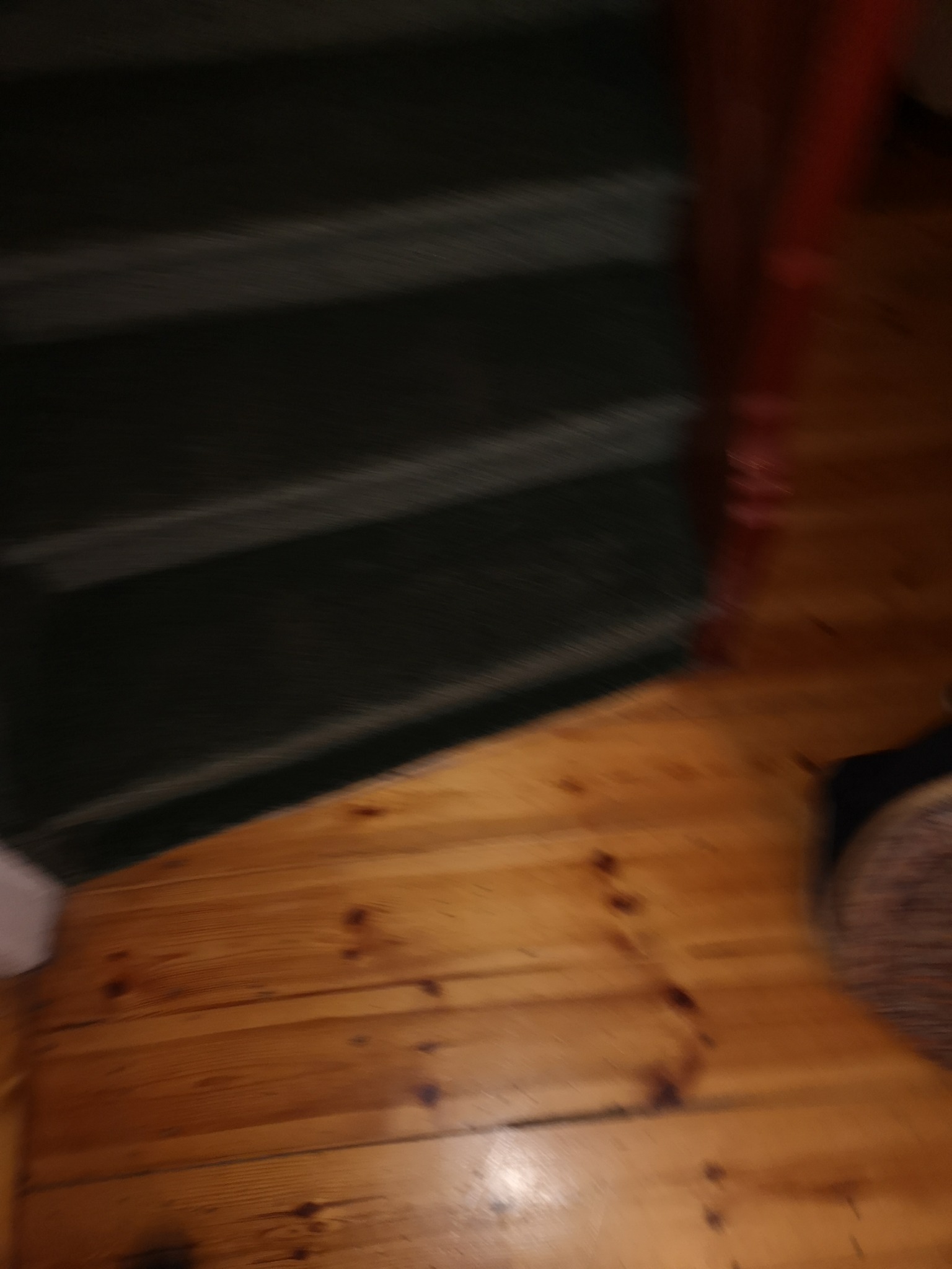 Niewyraźne ujęcie fragmentu schodów z zieloną wykładziną i podłogi z desek o ciepłym, bursztynowym odcieniu, z widocznym fragmentem czerwonego elementu konstrukcyjnego.