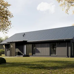 Wizualizacja parterowego domu modułowego z ciemną elewacją i grafitowym dachem, numer '2B' przy wejściu, otoczonego trawnikiem i drzewami z żółtymi liśćmi.