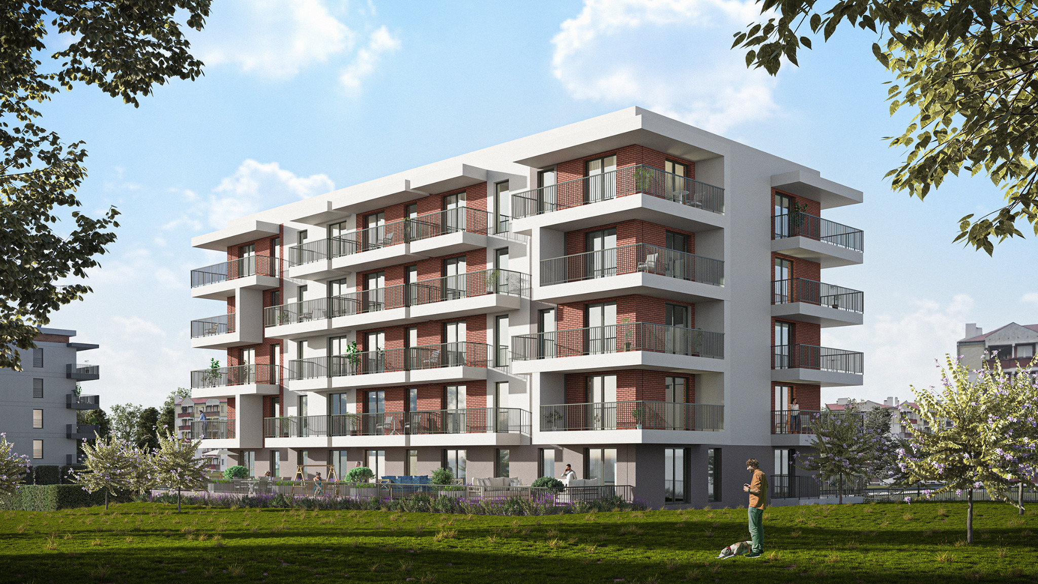 Wizualizacja zewnętrzna nowoczesnego, czteropiętrowego apartamentowca z ceglanymi elementami, balkonami z metalowymi barierkami, otoczonego zielonym trawnikiem i drzewami w słoneczny dzień.