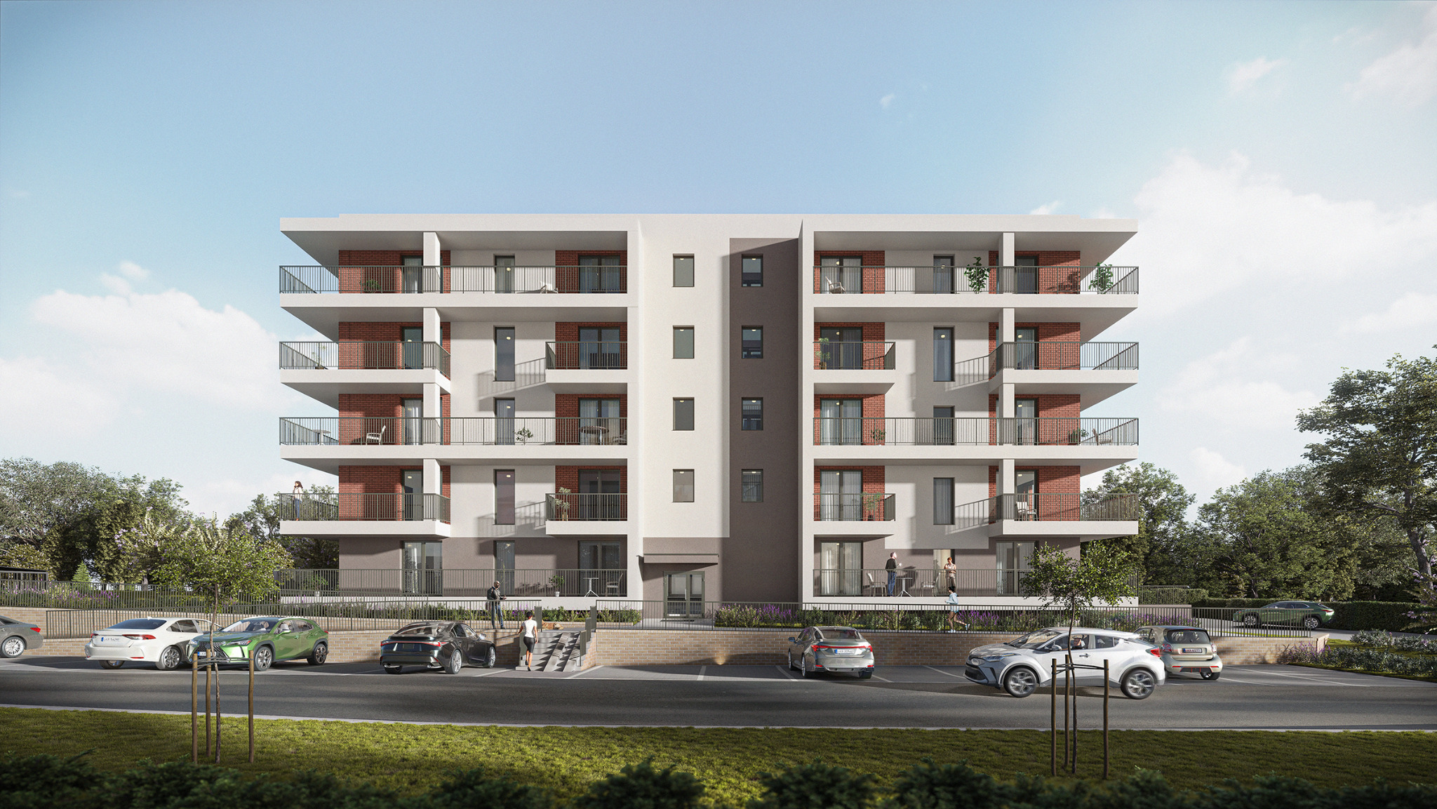Wizualizacja zewnętrzna nowoczesnego, wielopiętrowego budynku mieszkalnego z balkonami, z zaparkowanymi samochodami na pierwszym planie, ukazuje projekt architektoniczny z detalami wykończenia...