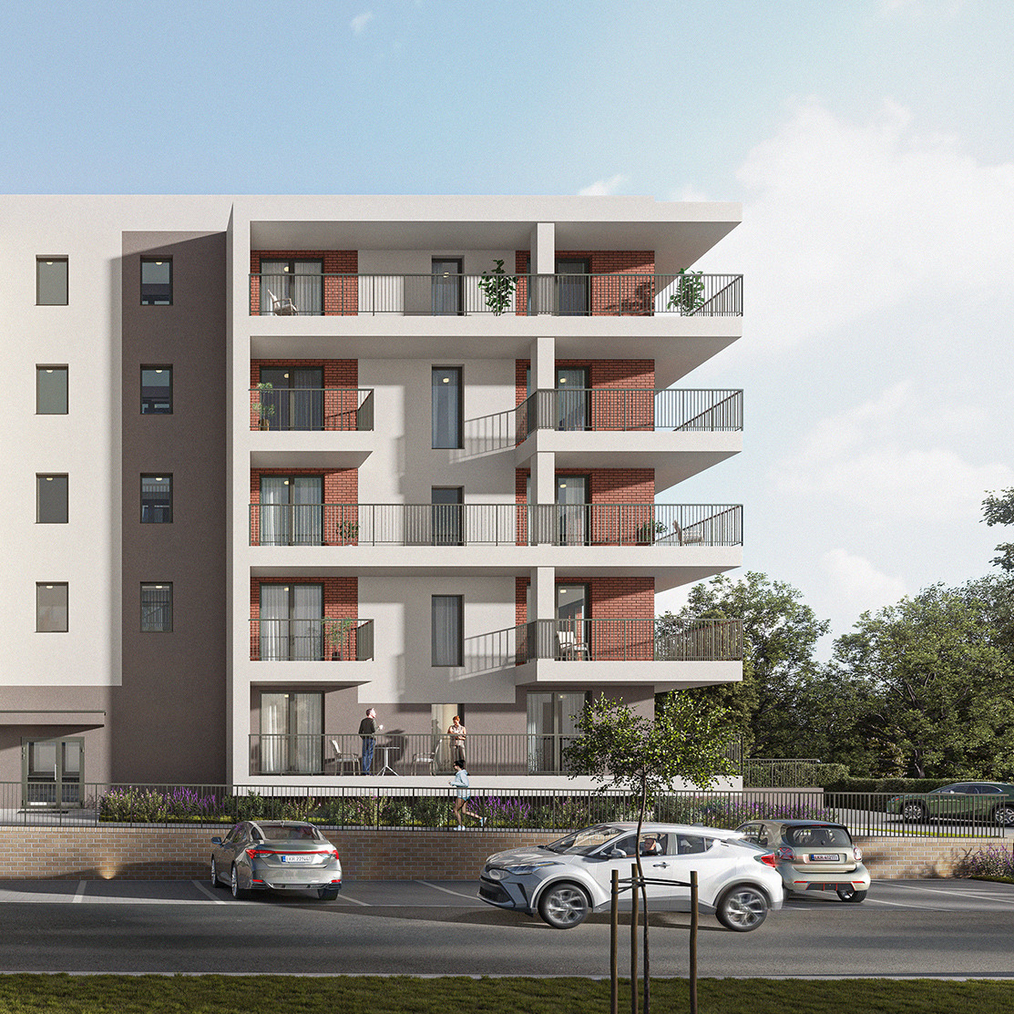 Wizualizacja elewacji nowoczesnego apartamentowca z balkonami wykończonymi czerwoną cegłą, widok z poziomu parkingu z zaparkowanymi samochodami.