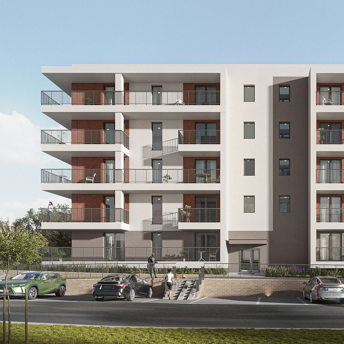 Wizualizacja nowoczesnego apartamentowca z balkonami wykończonymi czerwoną cegłą, z zaparkowanymi samochodami i spacerującymi ludźmi na pierwszym planie.