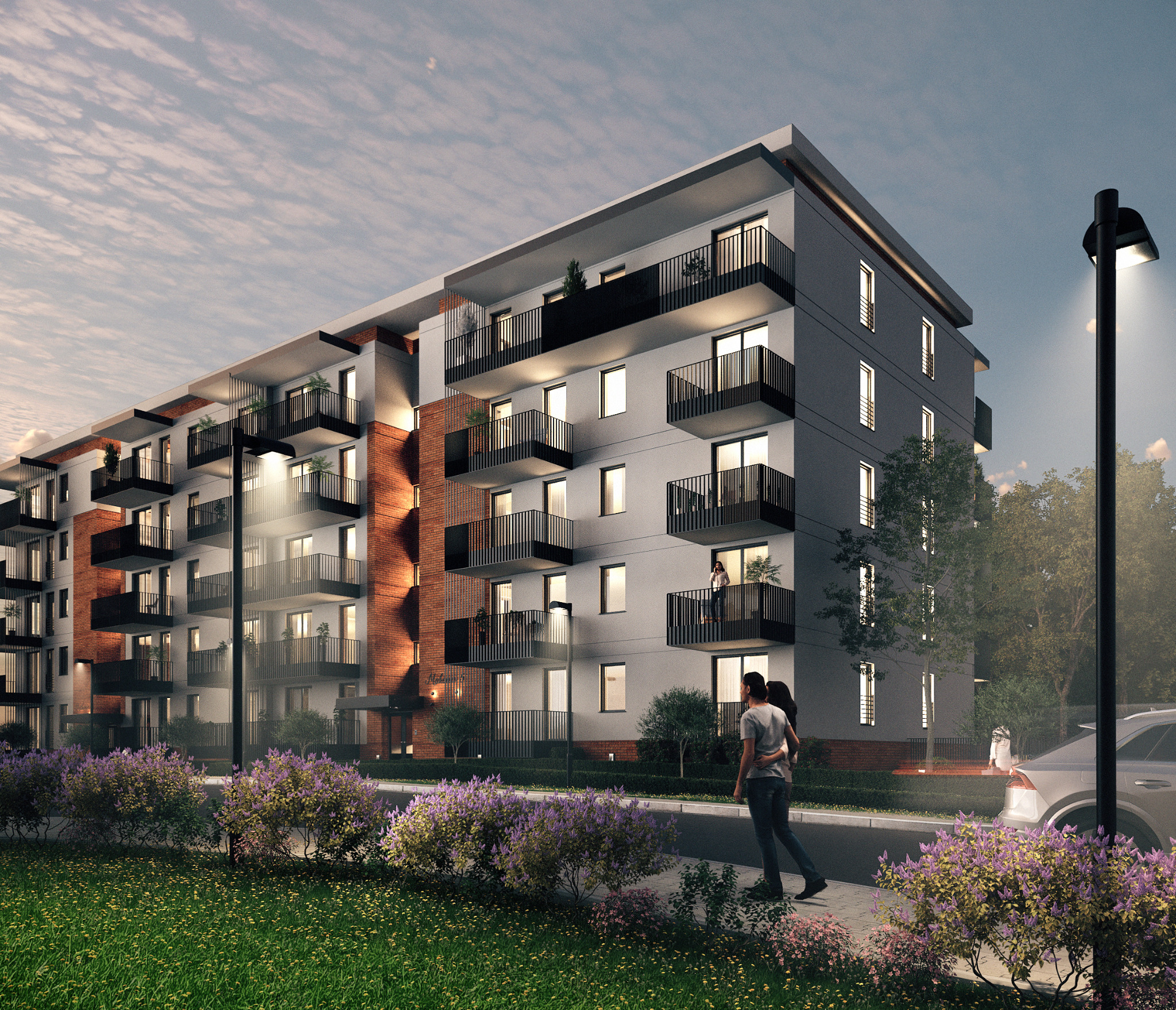 Wizualizacja zewnętrzna nowoczesnego apartamentowca z balkonami, z parą spacerującą na pierwszym planie i kwitnącymi krzewami.