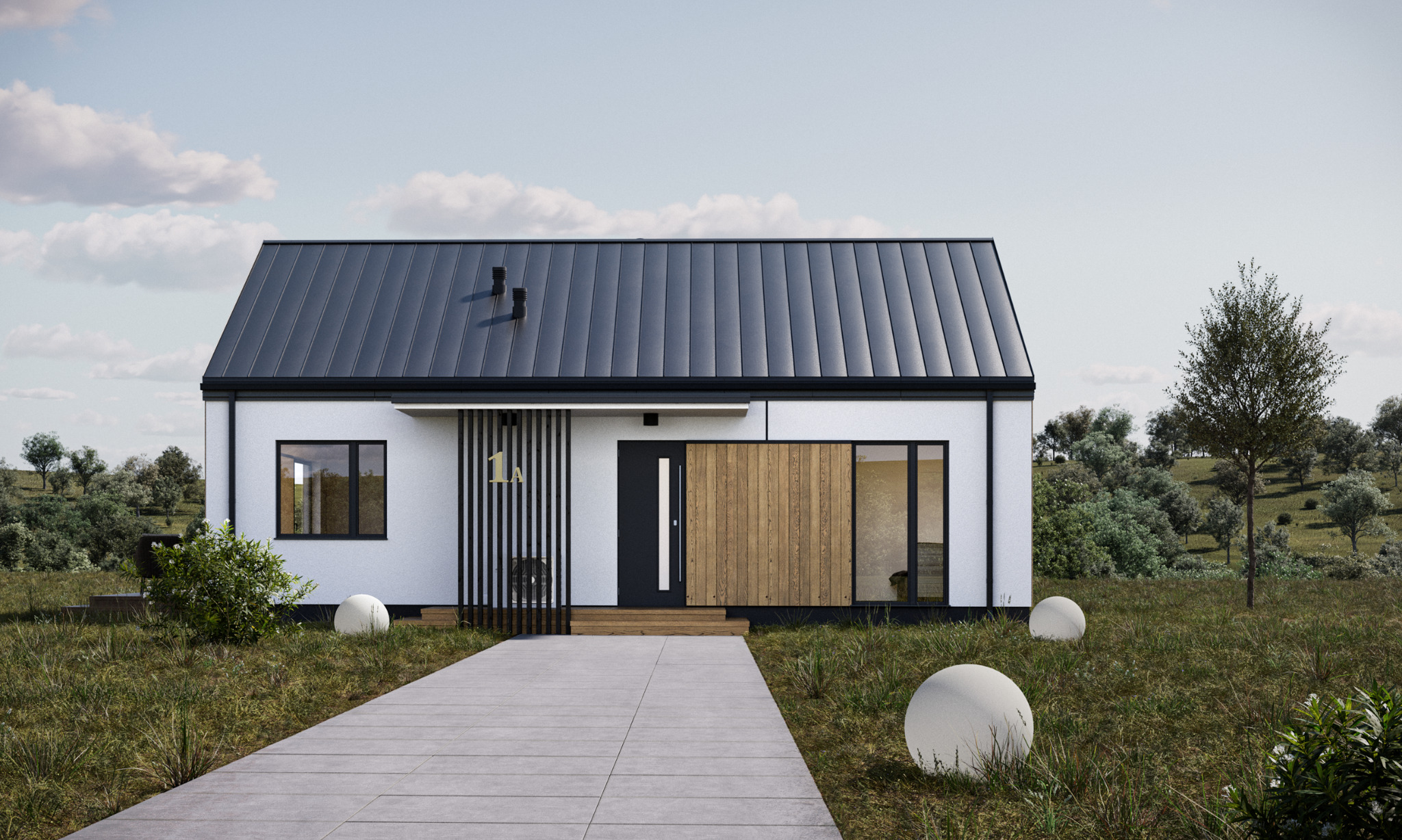 Wizualizacja nowoczesnego domu modułowego z ciemnoszarym dachem, białymi ścianami, elementami z drewna i numerem domu 1A, otoczonego zielonym trawnikiem z dekoracyjnymi kulami.