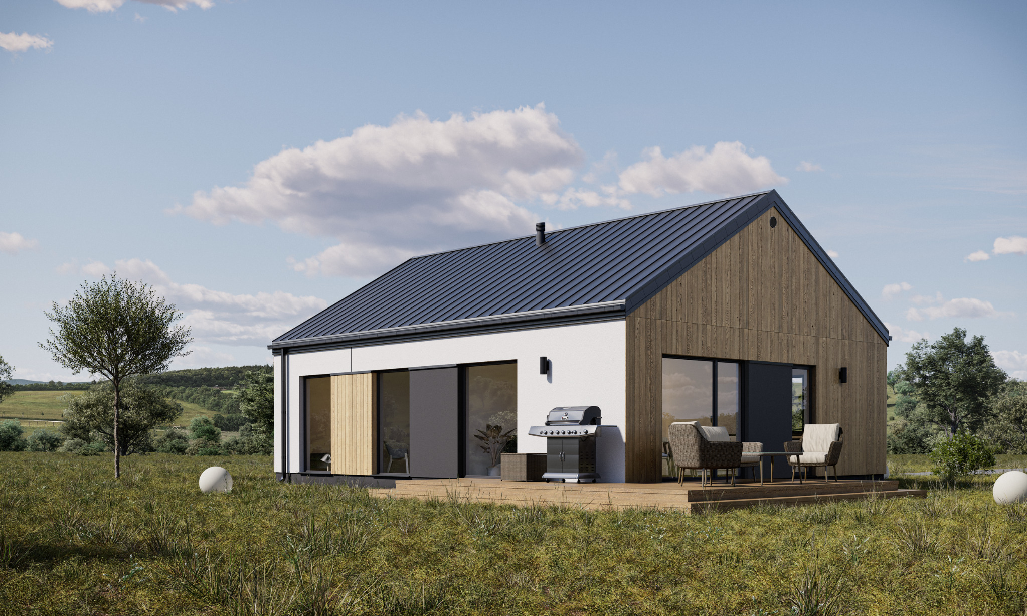 Wizualizacja zewnętrzna nowoczesnego domu modułowego z drewnianą elewacją, metalowym dachem, tarasem z meblami ogrodowymi i grillem, otoczonego łąką i drzewami.