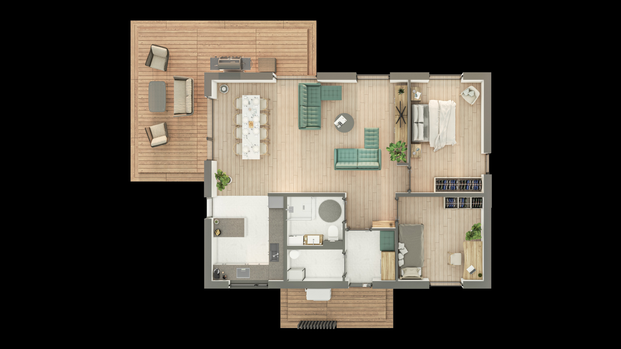 Wizualizacja rzutu poziomego domu modułowego z tarasem, salonem, kuchnią, dwiema sypialniami i łazienką, widok z góry.