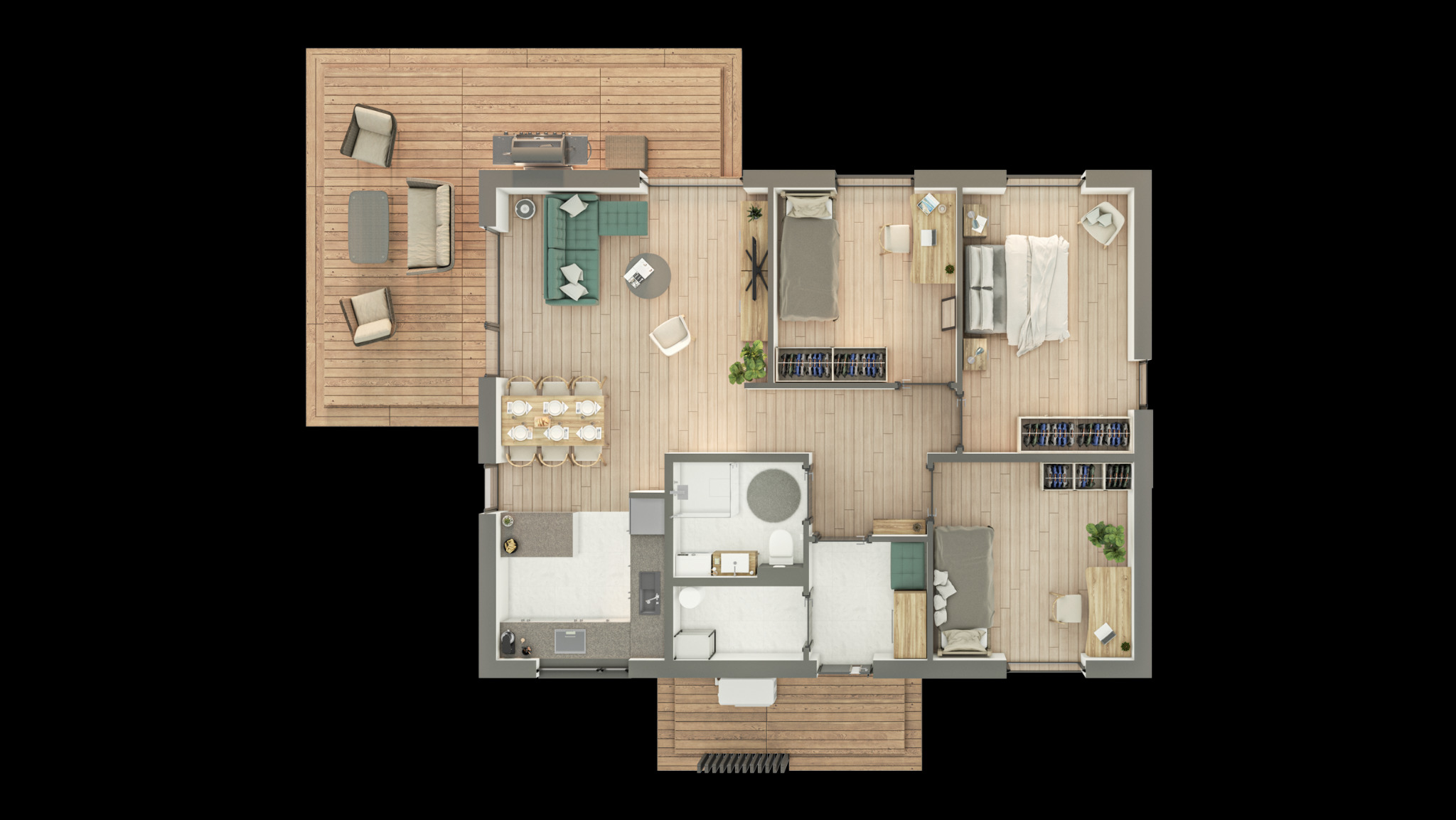 Wizualizacja 2D rzutu poziomego domu modułowego z tarasem, ukazująca układ pomieszczeń, meble i wyposażenie w neutralnej kolorystyce.