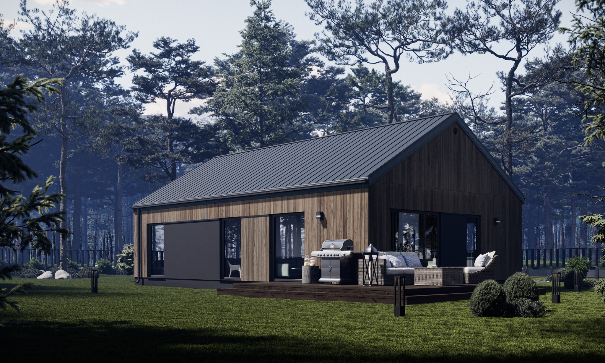 Wizualizacja zewnętrzna nowoczesnego domu modułowego z drewnianą elewacją i ciemnym dachem, otoczonego lasem iglastym, z tarasem wyposażonym w meble ogrodowe i grill.