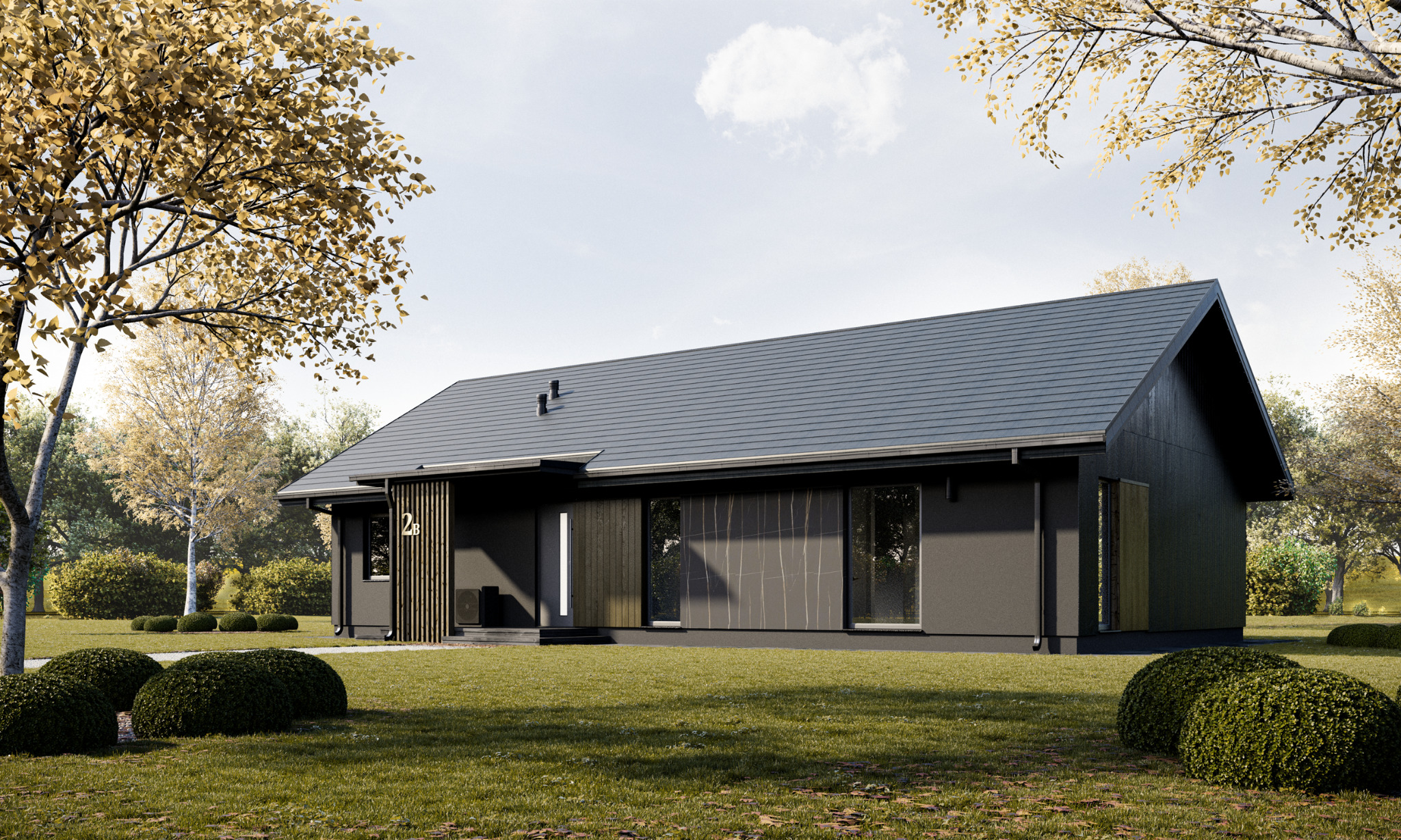Wizualizacja parterowego domu modułowego z ciemną elewacją i grafitowym dachem, numer '2B' przy wejściu, otoczonego trawnikiem i drzewami z żółtymi liśćmi.