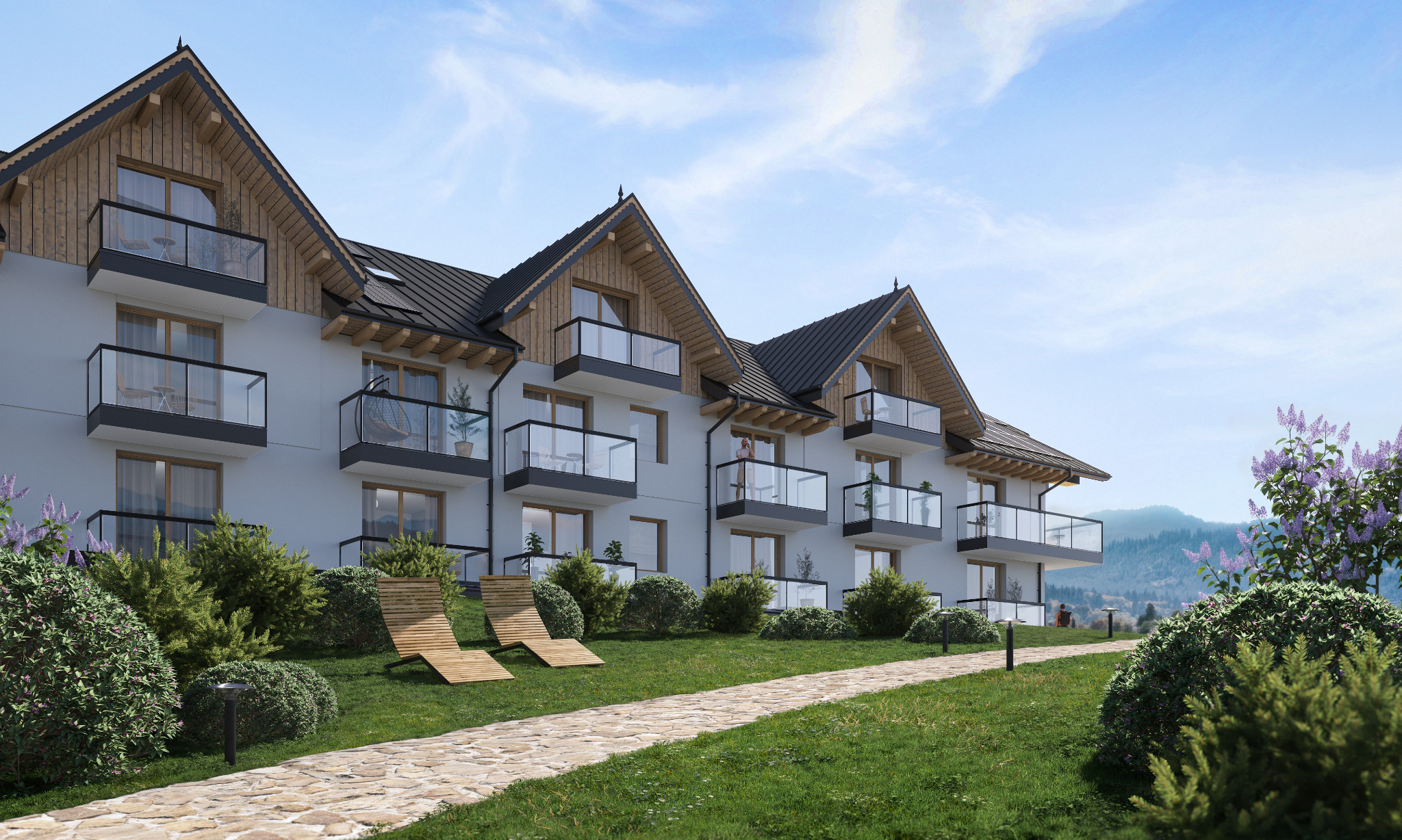 Wizualizacja apartamentowca w stylu góralskim z balkonami, drewnianymi detalami i otoczeniem zieleni, na tle górskiego krajobrazu.