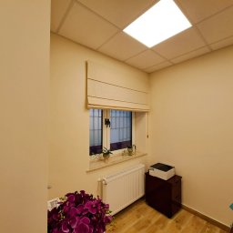 dekoroleta.pl - Beżowa roleta rzymska zamontowana w jasnym biurze, widok z boku, z fioletowymi kwiatami w rogu.