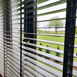 dekoroleta.pl - Zamknięte białe żaluzje drewniane z widokiem na zielony ogród w deszczowy dzień, z kroplami wody na szybie.