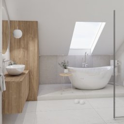 Jagoda Nowak Pracownia Projektowa - Jasna łazienka na poddaszu z wolnostojącą wanną, umywalką nablatową na drewnianej szafce, szklaną kabiną prysznicową i oknem dachowym.