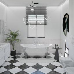 Jagoda Nowak Pracownia Projektowa - Elegancka, biała łazienka z wolnostojącą wanną na lwich łapach, czarno-białą szachownicą na podłodze, nowoczesną lampą i dekoracyjnym obrazem pawia.