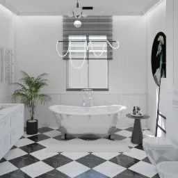 Elegancka, biała łazienka z wolnostojącą wanną na lwich łapach, czarno-białą szachownicą na podłodze, nowoczesną lampą i dekoracyjnym obrazem pawia.