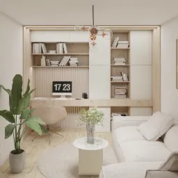 Jasne wnętrze z biurkiem w zabudowie, regałami, beżową sofą i okrągłym dywanem, oświetlone nowoczesną lampą wiszącą z kulistymi kloszami.